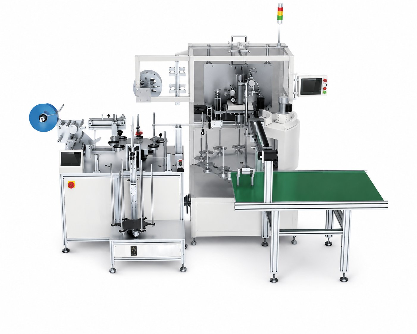 Fully automatic flap disc labeling and shrink wrapping machine